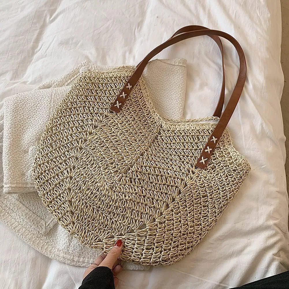 Straw Beach Bag with Zipper Large Woven Summer Boho Tote Handbag Rattan Wicker Purse for Shopping Summer Vacation
