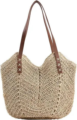 Straw Beach Bag with Zipper Large Woven Summer Boho Tote Handbag Rattan Wicker Purse for Shopping Summer Vacation
