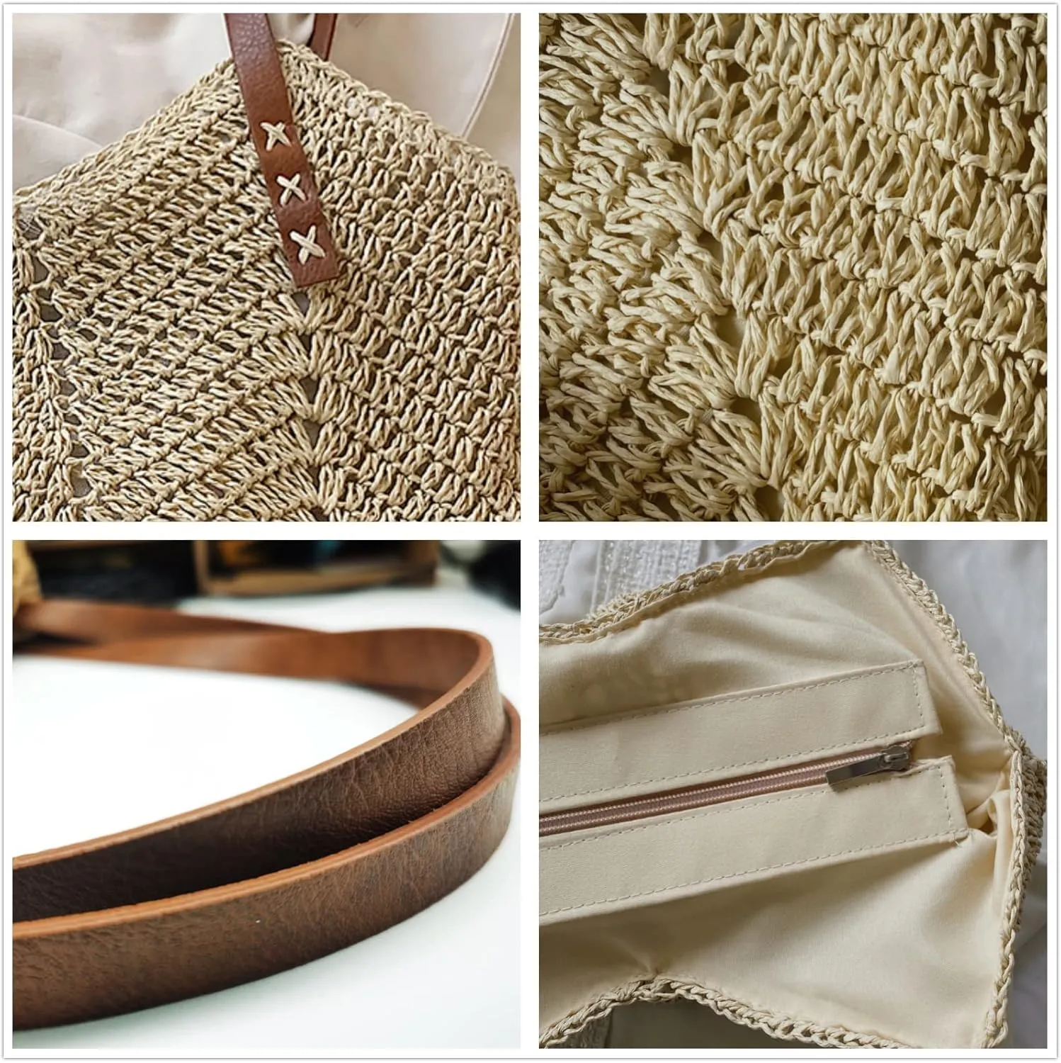 Straw Beach Bag with Zipper Large Woven Summer Boho Tote Handbag Rattan Wicker Purse for Shopping Summer Vacation