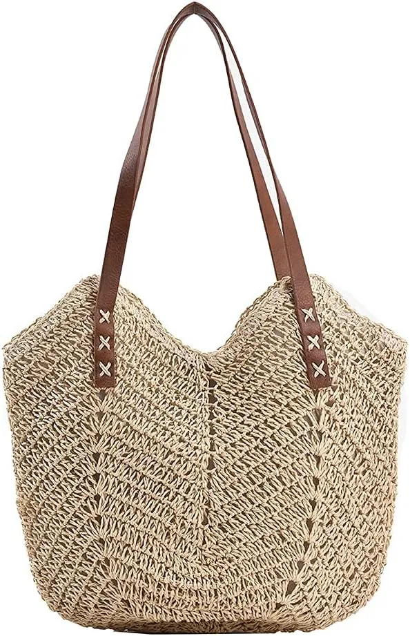 Straw Beach Bag with Zipper Large Woven Summer Boho Tote Handbag Rattan Wicker Purse for Shopping Summer Vacation