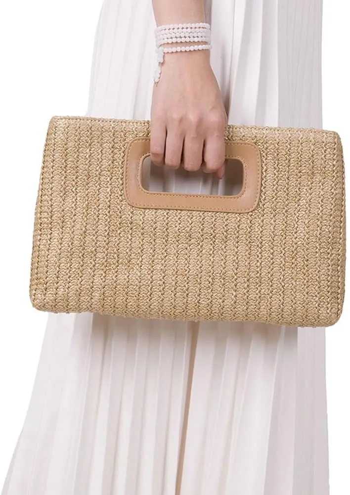 Straw Clutch Purse for Women Travel Straw Beach Tote Bag Woven Rattan Envelope Bag Top Handle Crossbody Handbag for Summer