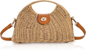Straw Crossbody Bag for Women, Handwoven Rattan Summer Beach Straw Purse with Handle, Detachable Strap, Fashionable Dumpling Bag Shoulder Handbag Clutch Purse for Travel, Holiday
