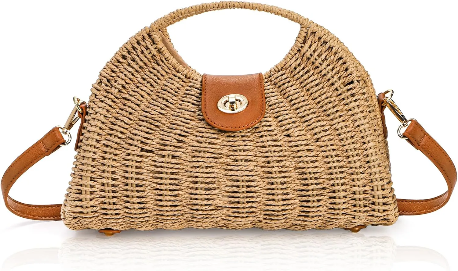 Straw Crossbody Bag for Women, Handwoven Rattan Summer Beach Straw Purse with Handle, Detachable Strap, Fashionable Dumpling Bag Shoulder Handbag Clutch Purse for Travel, Holiday