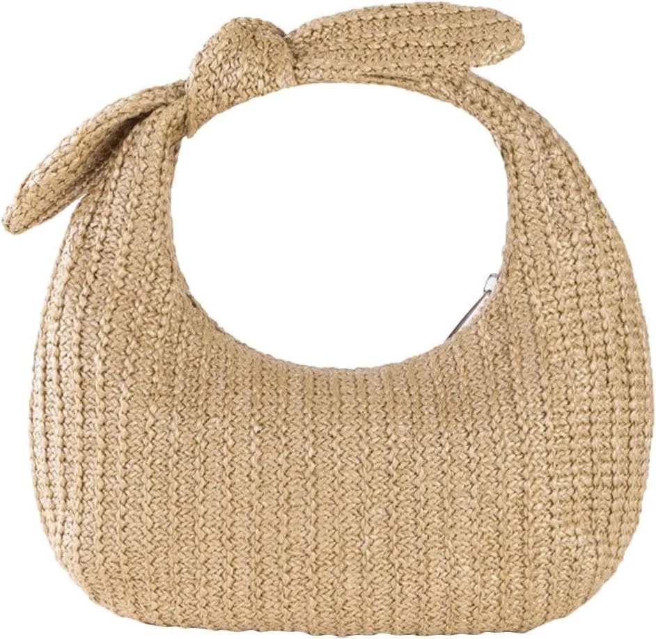 Straw Handbag Summer Beach Rattan Tote Bag Bowknot Top Handle Handbag Purse for Travel Holiday Parties Beige