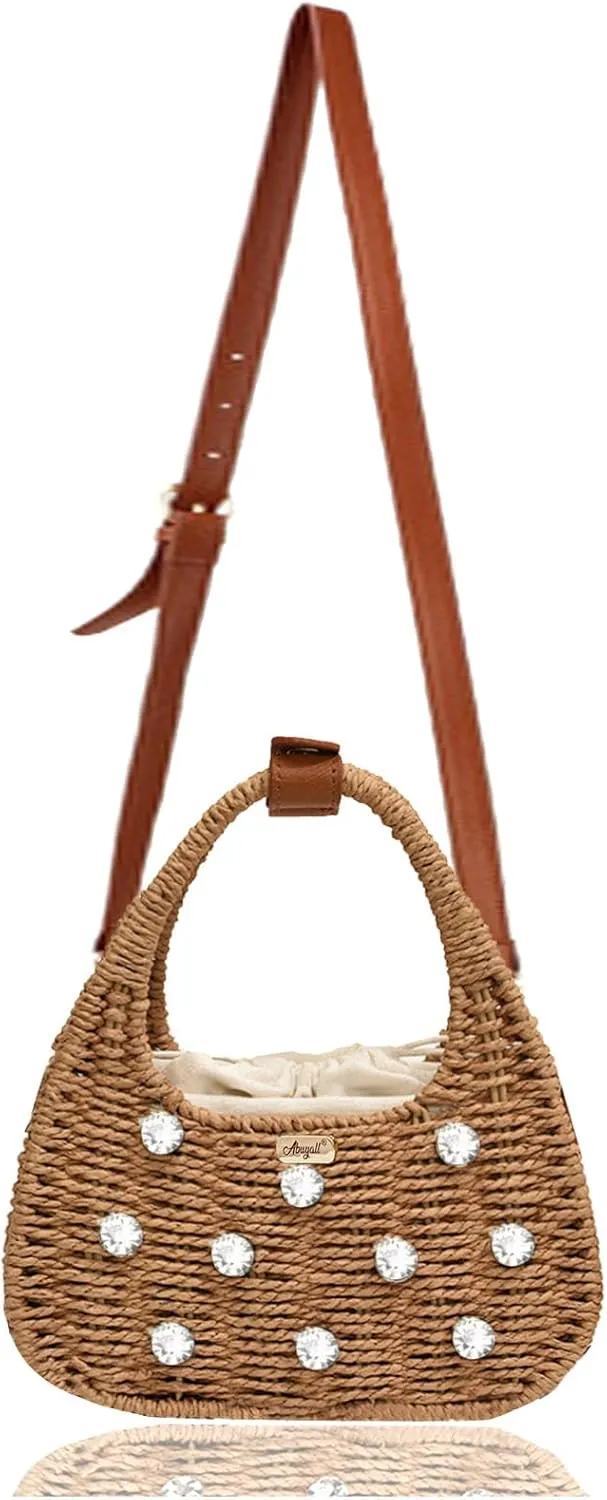 Straw Handbags for Women Vintage Purse Summer Beach Vacation Rattan Woven Travel Purse