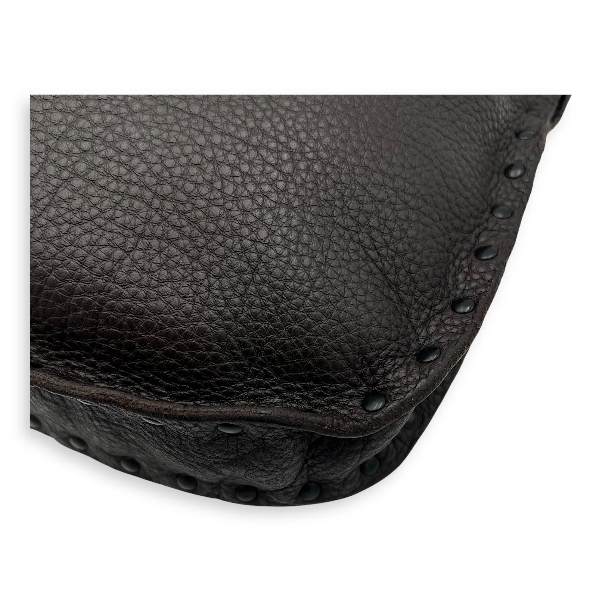 Studded Brown Crossbody Bag in Calfskin, Gunmetal hardware