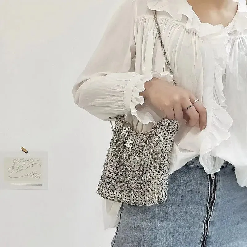 Stylish Silver Sequin Evening Clutch Bag