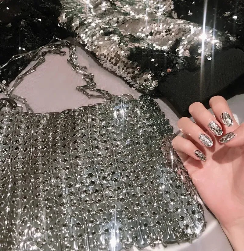 Stylish Silver Sequin Evening Clutch Bag