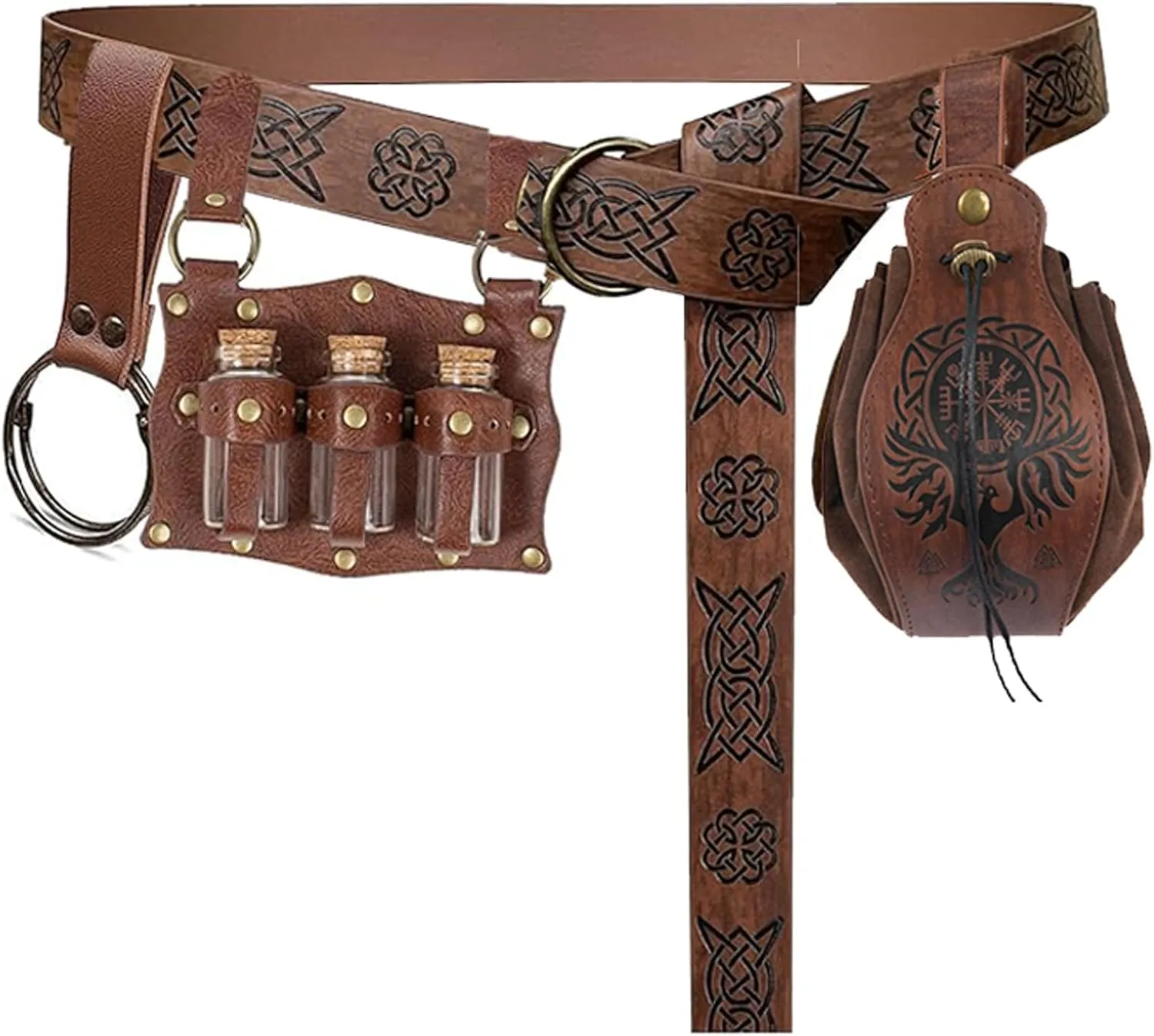 SUMGOGO 4 Pcs Halloween Renaissance Belt Pouch Witch Bottle Skirt Hikes Medieval Viking Pirate Leather Belt Costume Set