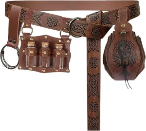 SUMGOGO 4 Pcs Halloween Renaissance Belt Pouch Witch Bottle Skirt Hikes Medieval Viking Pirate Leather Belt Costume Set