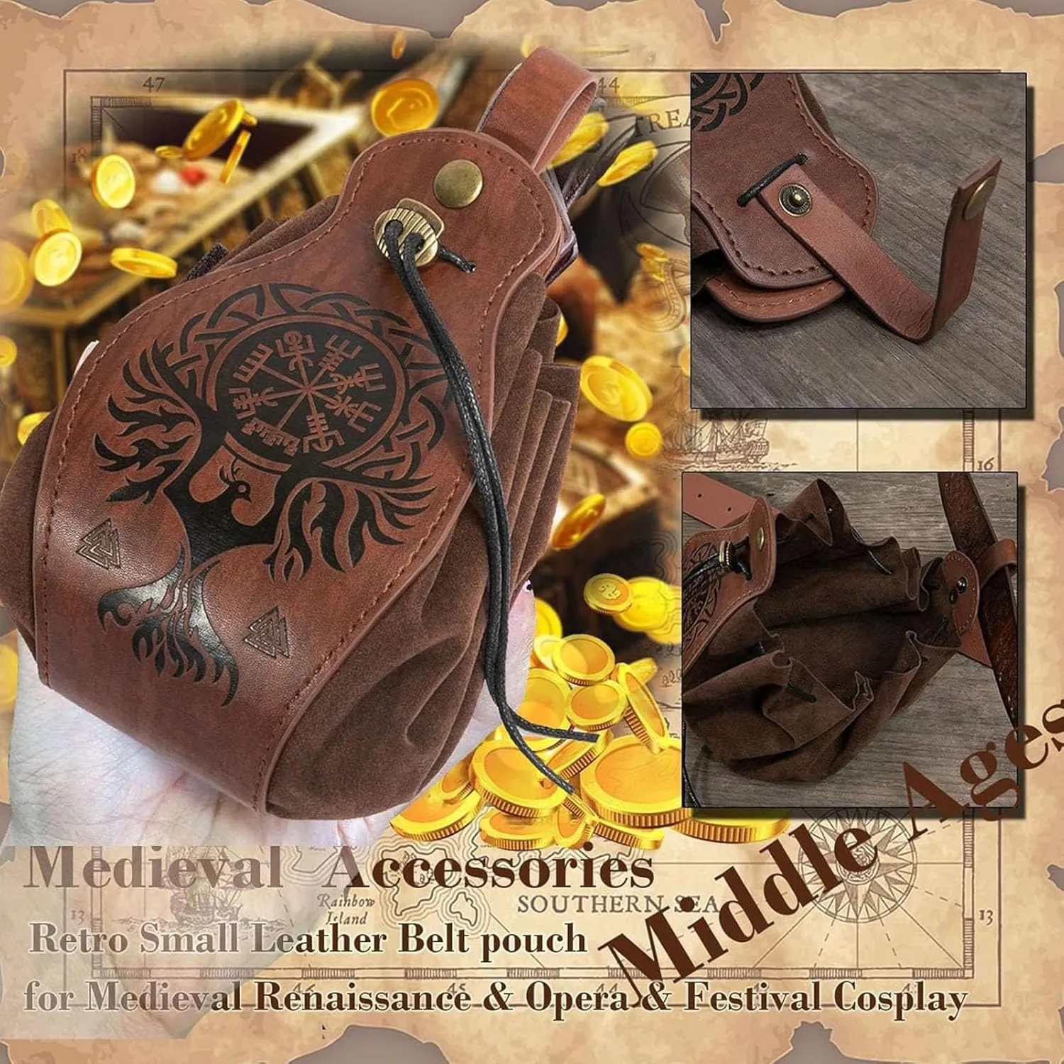 SUMGOGO 4 Pcs Halloween Renaissance Belt Pouch Witch Bottle Skirt Hikes Medieval Viking Pirate Leather Belt Costume Set
