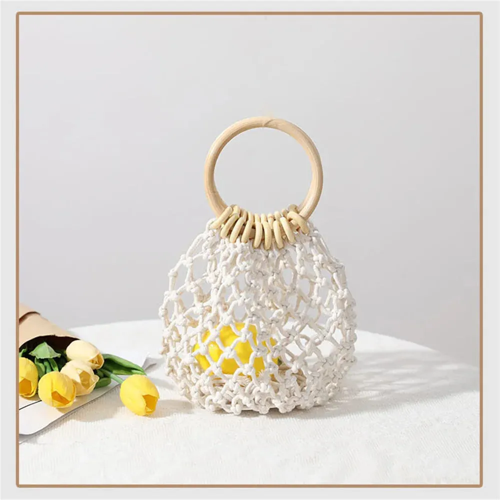 Summer Straw Woven Beach Bag Hollow Fishnet Handbag Women Shoulder Bags Rattan Ladies Purses Fashion Wrist Pack Bucket Tote