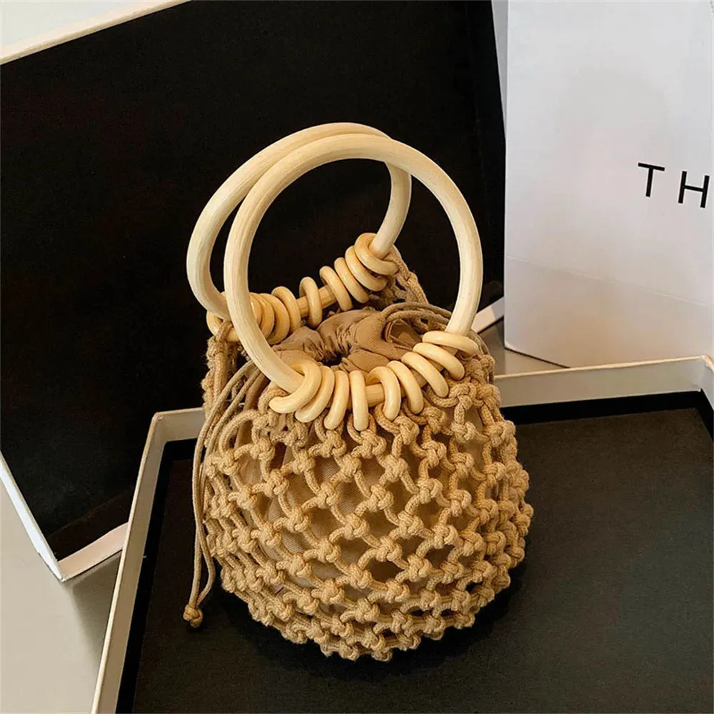 Summer Straw Woven Beach Bag Hollow Fishnet Handbag Women Shoulder Bags Rattan Ladies Purses Fashion Wrist Pack Bucket Tote