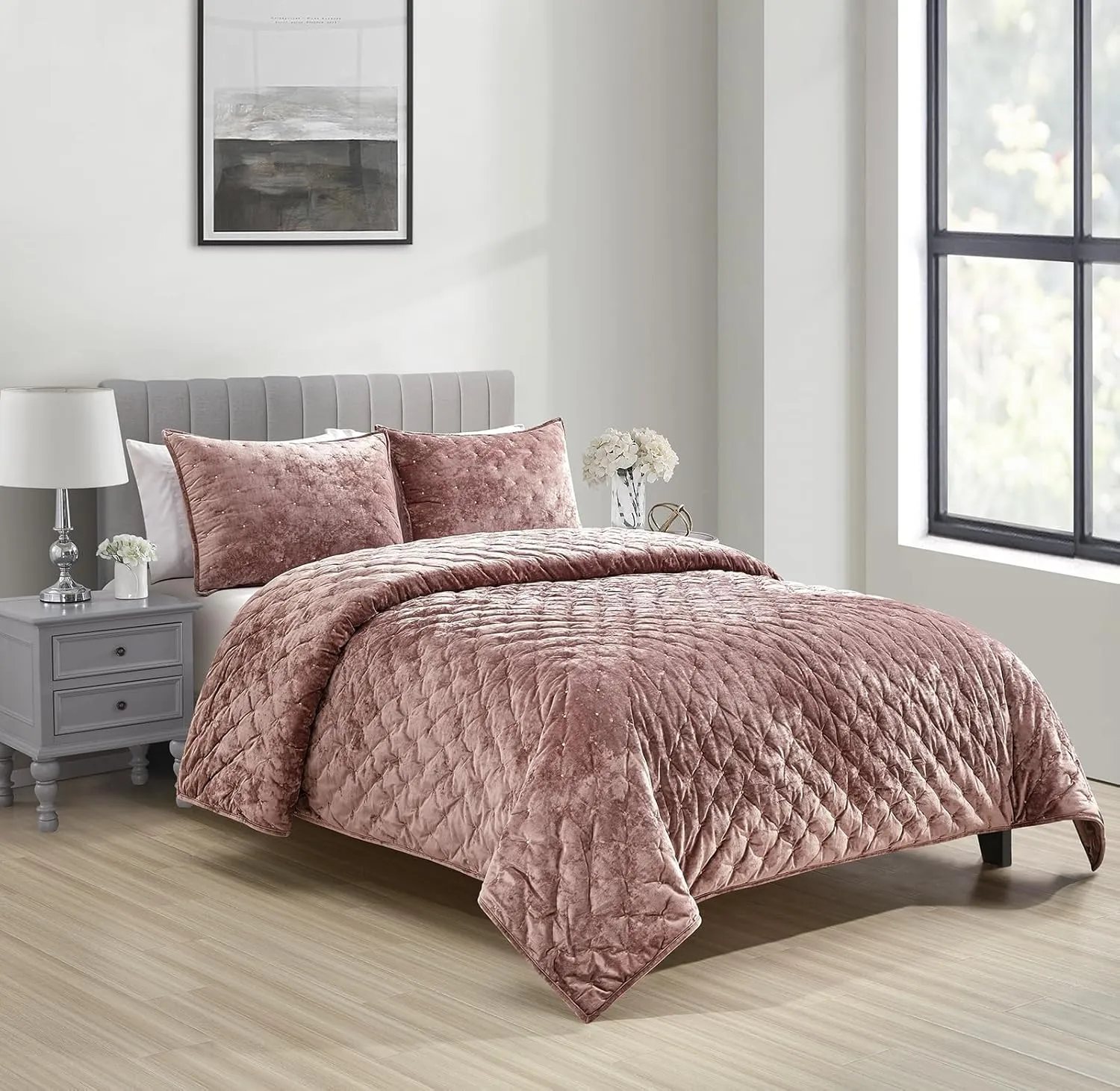 Sunshine Nicole Embroidery Quilt Set with Metallic Gold Thread, Distressed Velvet Face and Brushed Solid Microfiber Reverse, with Light Weight Soft Poly Fill, 3 Pieces Dusty Mauve Gold, King