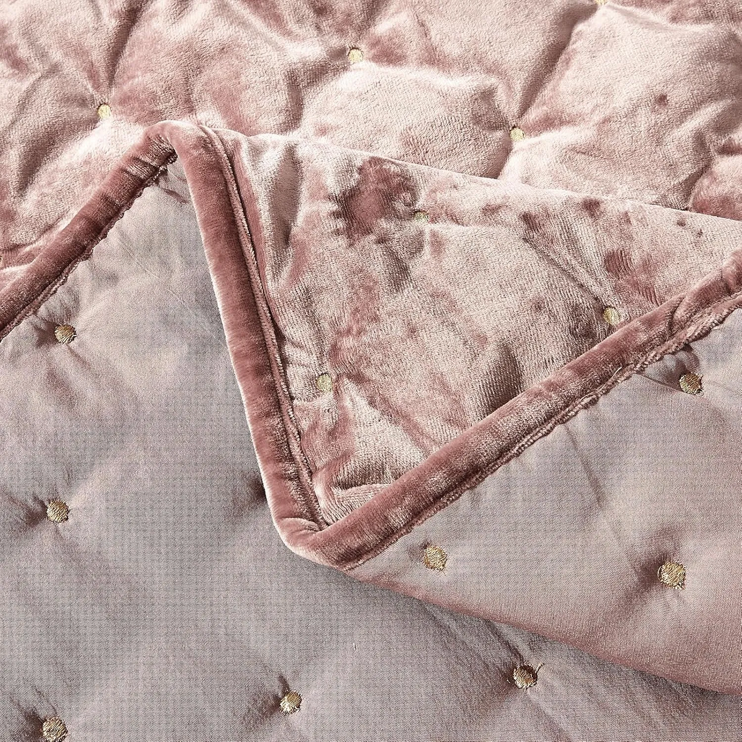 Sunshine Nicole Embroidery Quilt Set with Metallic Gold Thread, Distressed Velvet Face and Brushed Solid Microfiber Reverse, with Light Weight Soft Poly Fill, 3 Pieces Dusty Mauve Gold, King