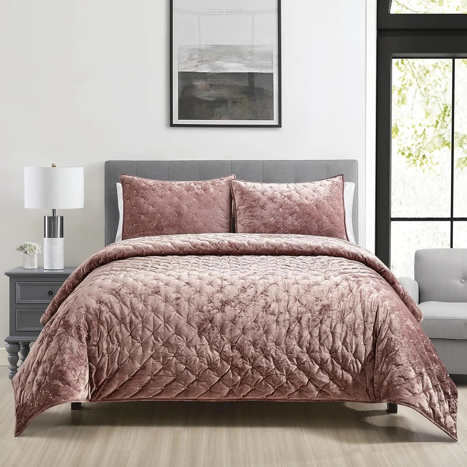 Sunshine Nicole Embroidery Quilt Set with Metallic Gold Thread, Distressed Velvet Face and Brushed Solid Microfiber Reverse, with Light Weight Soft Poly Fill, 3 Pieces Dusty Mauve Gold, King