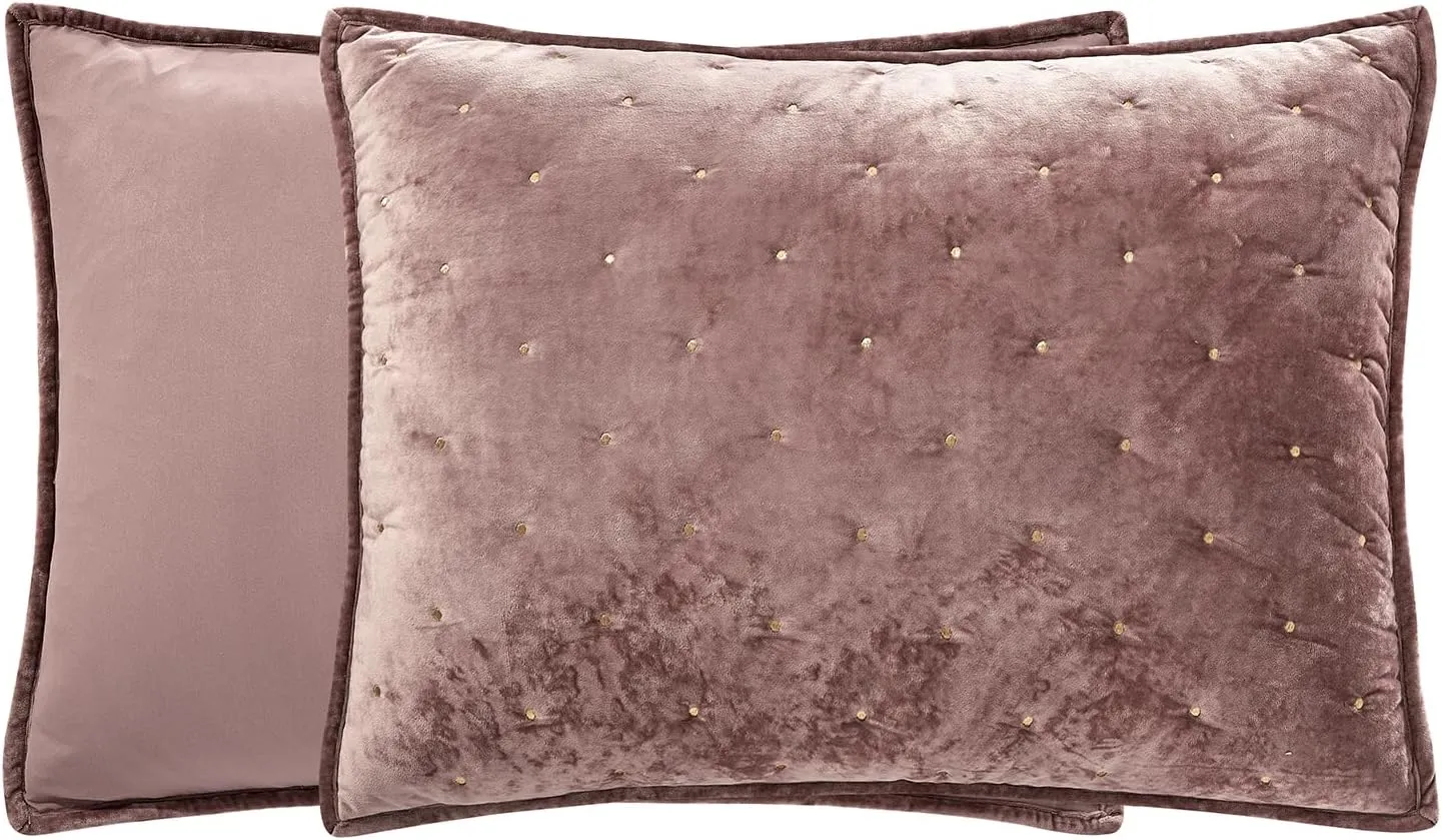 Sunshine Nicole Embroidery Quilt Set with Metallic Gold Thread, Distressed Velvet Face and Brushed Solid Microfiber Reverse, with Light Weight Soft Poly Fill, 3 Pieces Dusty Mauve Gold, King