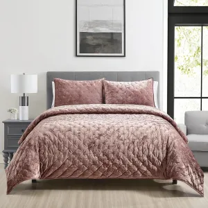 Sunshine Nicole Embroidery Quilt Set with Metallic Gold Thread, Distressed Velvet Face and Brushed Solid Microfiber Reverse, with Light Weight Soft Poly Fill, 3 Pieces Dusty Mauve Gold, King
