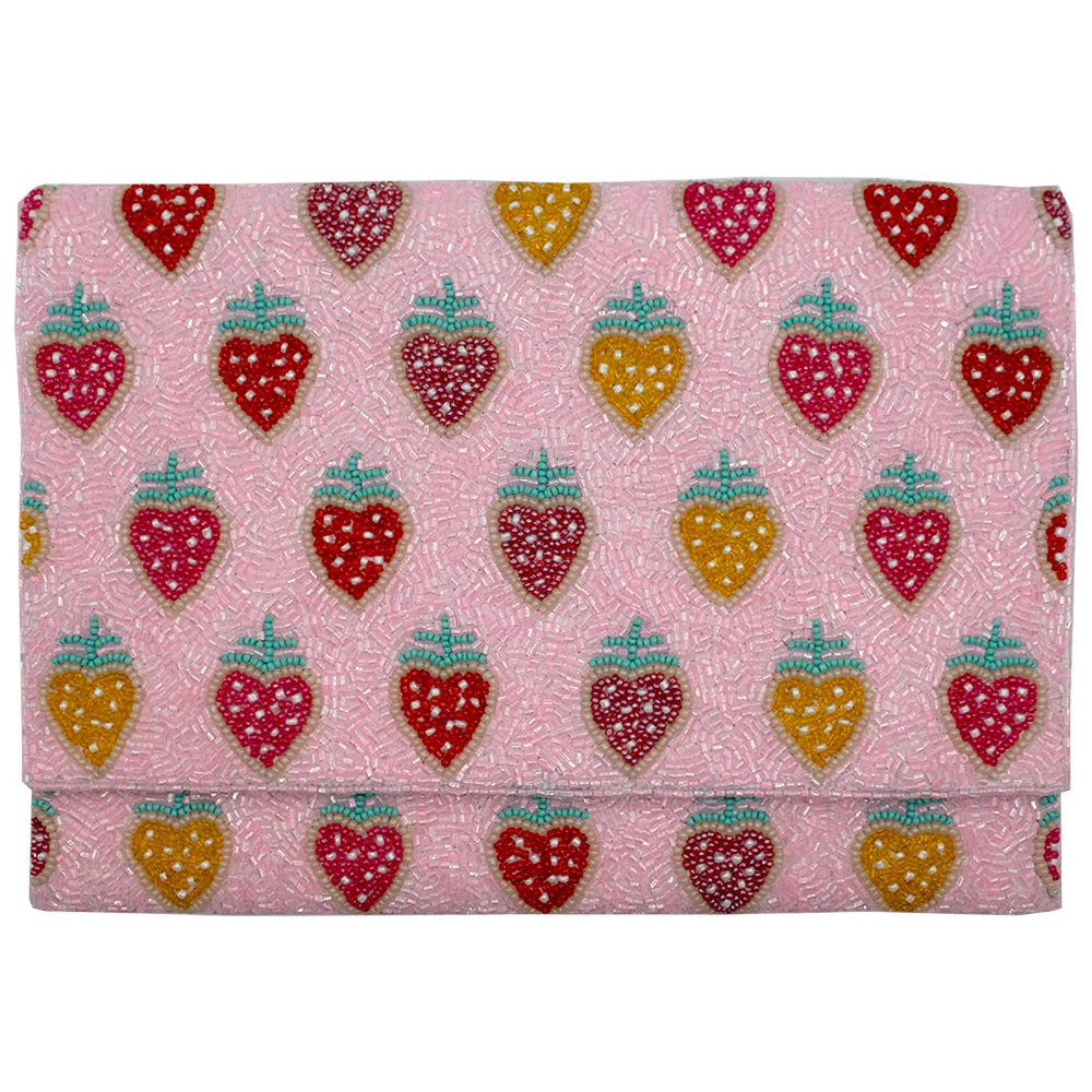 Sweet Strawberries in Pink Glass Beaded Clutch
