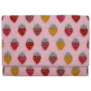 Sweet Strawberries in Pink Glass Beaded Clutch