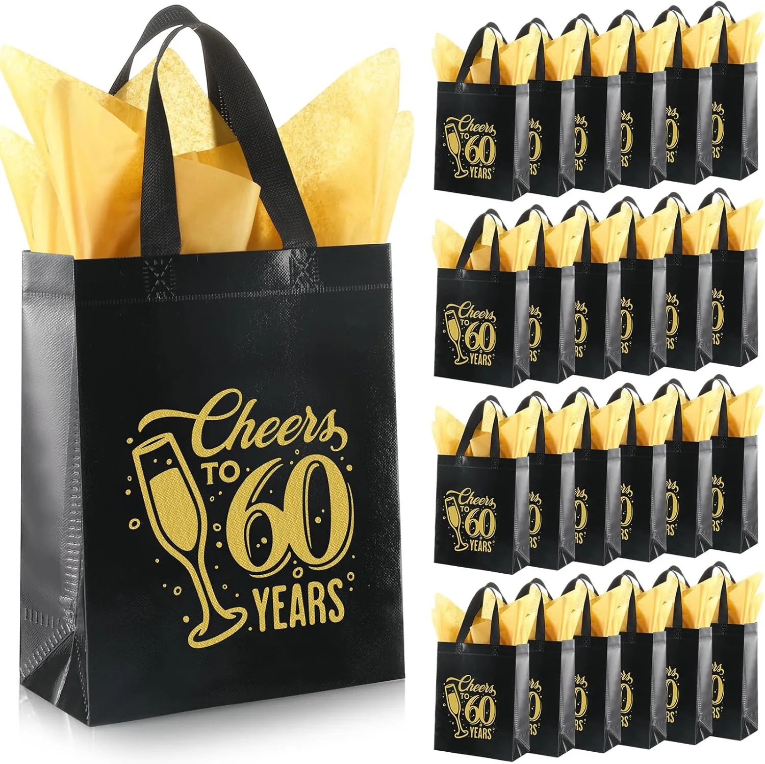 Sweetude 25 Pack 60th Birthday Gift Bags Cheer to 60 Birthday Party Glossy Reusable Tote Bags with Handles and Tissue Paper for Party Decorations Supplies, 8 * 4 * 10 Inch