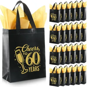 Sweetude 25 Pack 60th Birthday Gift Bags Cheer to 60 Birthday Party Glossy Reusable Tote Bags with Handles and Tissue Paper for Party Decorations Supplies, 8 * 4 * 10 Inch