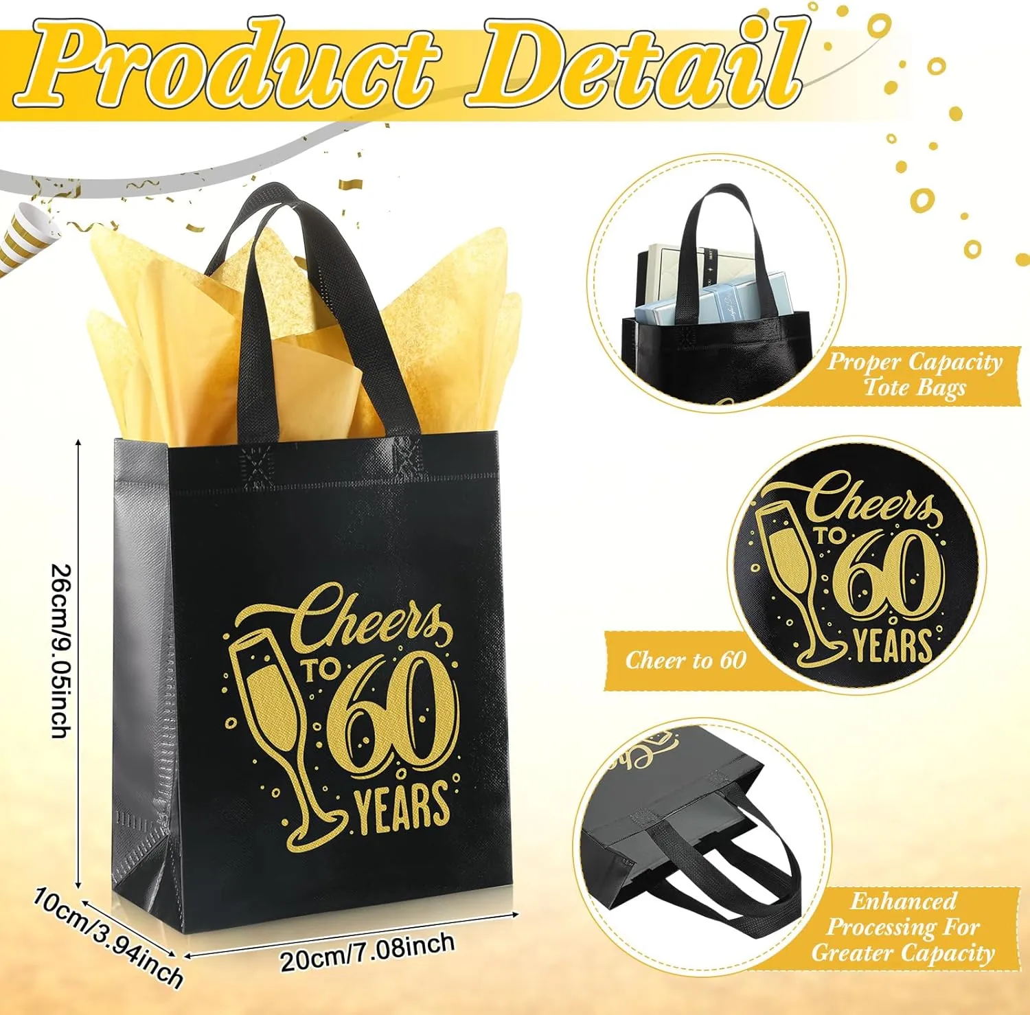 Sweetude 25 Pack 60th Birthday Gift Bags Cheer to 60 Birthday Party Glossy Reusable Tote Bags with Handles and Tissue Paper for Party Decorations Supplies, 8 * 4 * 10 Inch