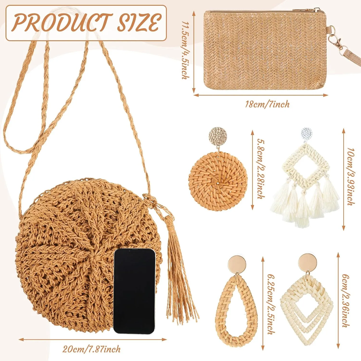 Sweetude Straw Clutch Purse for Women Rattan Earrings Set Summer Beach Straw Bag Boho Handbag Woven Wallet for Vacation
