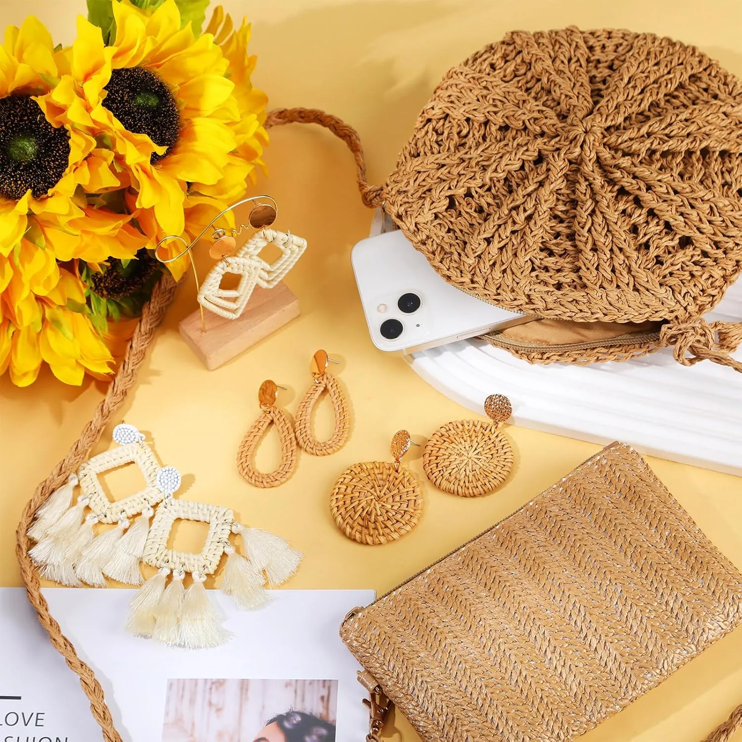 Sweetude Straw Clutch Purse for Women Rattan Earrings Set Summer Beach Straw Bag Boho Handbag Woven Wallet for Vacation