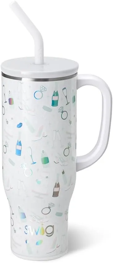 Swig Life 30oz Mega Mug, 30 oz Tumbler with Handle and Straw, Cup Holder Friendly, Dishwasher Safe, Extra Large Insulated Tumbler, Stainless Steel Water Bottle (Bride to Be)