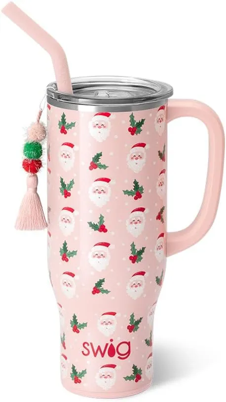 Swig Life 30oz Mega Mug, 30 oz Tumbler with Handle and Straw, Cup Holder Friendly, Dishwasher Safe, Extra Large Insulated Tumbler, Stainless Steel Water Bottle (Holly Jolly)