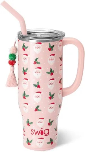 Swig Life 30oz Mega Mug, 30 oz Tumbler with Handle and Straw, Cup Holder Friendly, Dishwasher Safe, Extra Large Insulated Tumbler, Stainless Steel Water Bottle (Holly Jolly)