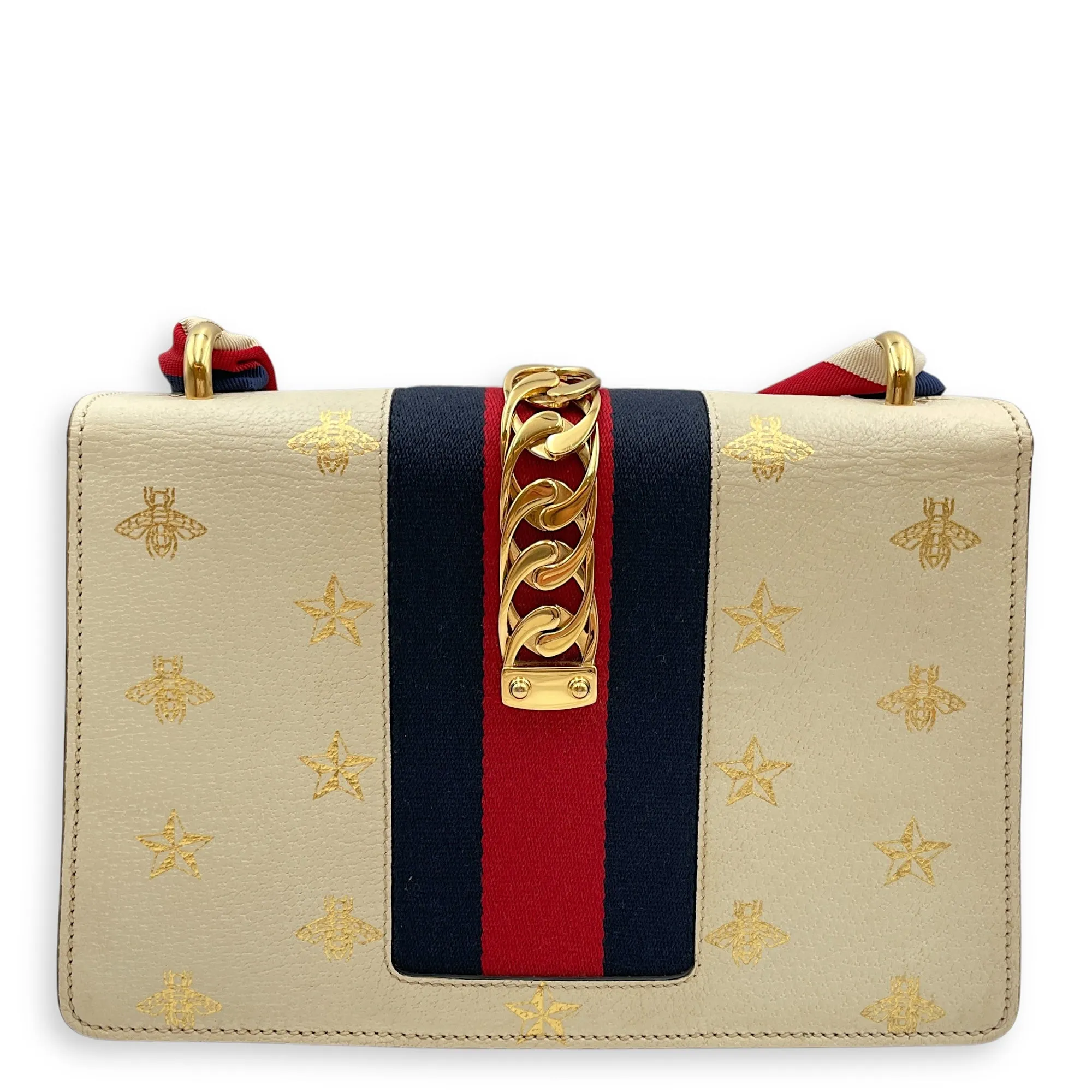 Sylvie Bee Star Print Beige Crossbody Bag in Calfskin, Gold hardware