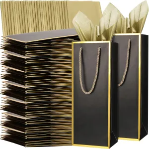 TaoBary Black Wine Gift Bags and Gold Wrapping Paper Set Wine Bags for Bottle Bulk 4 x 5 x 13 Inch Champagne Gift Paper Bags with Handles for Appreciation Wedding Party Anniversary(50 Packs)