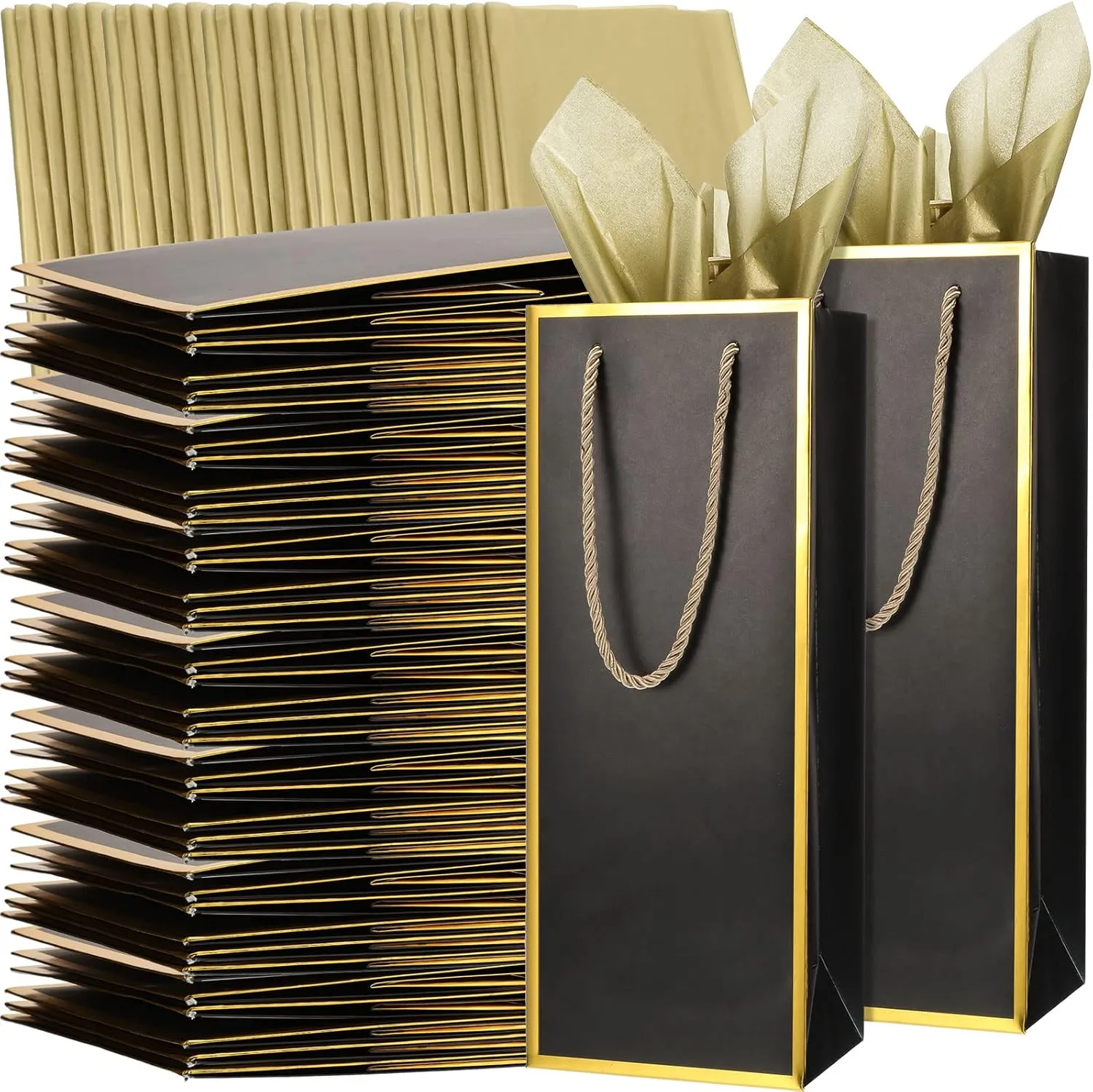 TaoBary Black Wine Gift Bags and Gold Wrapping Paper Set Wine Bags for Bottle Bulk 4 x 5 x 13 Inch Champagne Gift Paper Bags with Handles for Appreciation Wedding Party Anniversary(50 Packs)