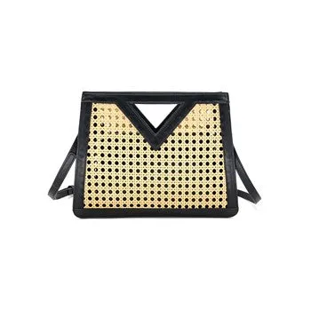 Tara Rattan & PU Handbag – Chic Boho Tote with Geometric Cutout Handle