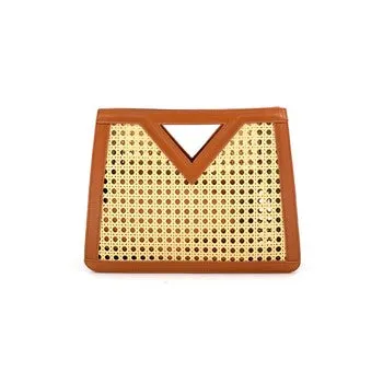 Tara Rattan & PU Handbag – Chic Boho Tote with Geometric Cutout Handle