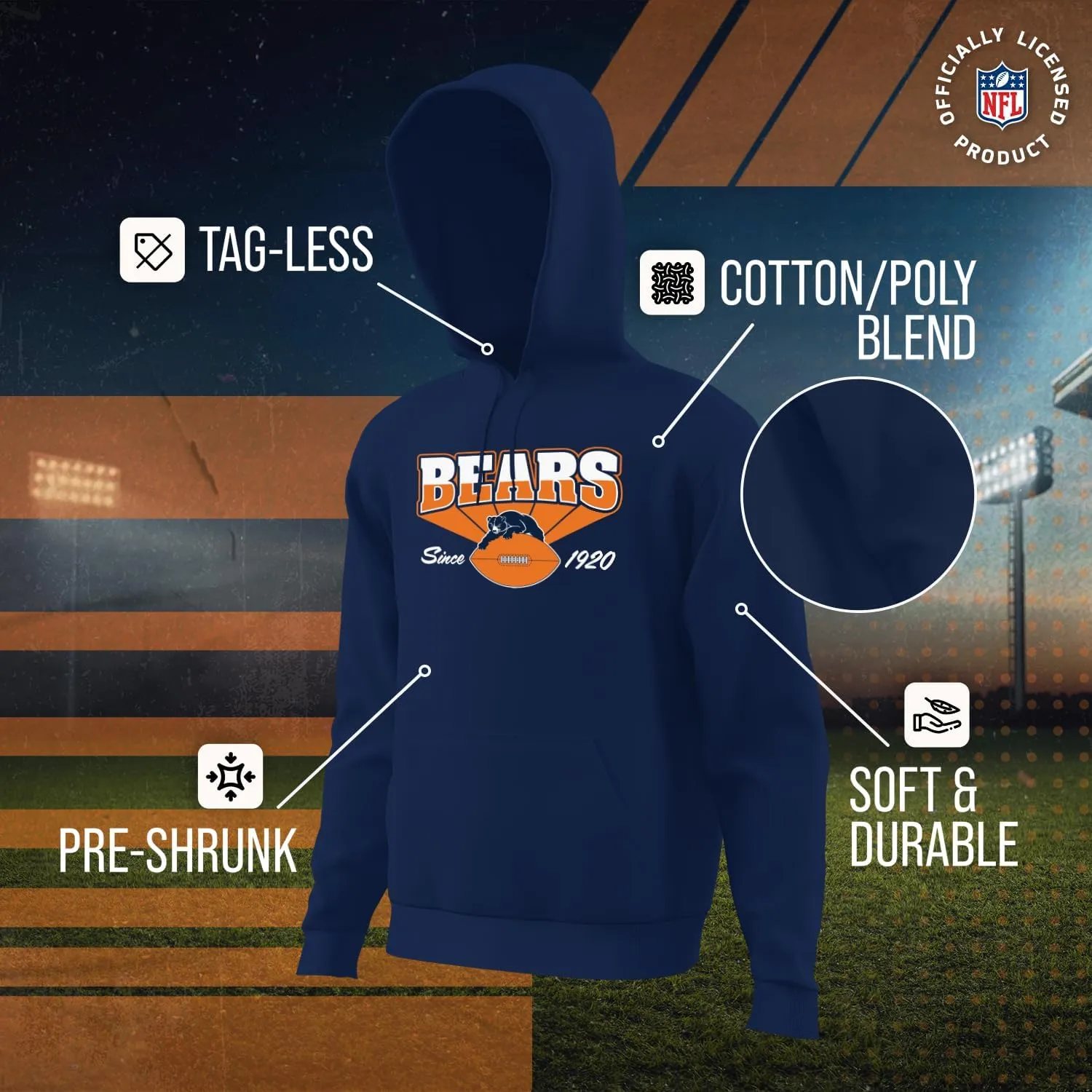 Team Fan Apparel NFL Adult Unisex Vintage Block Ultra Soft Fleece Hooded Sweatshirt, Officially Licensed Football Performance