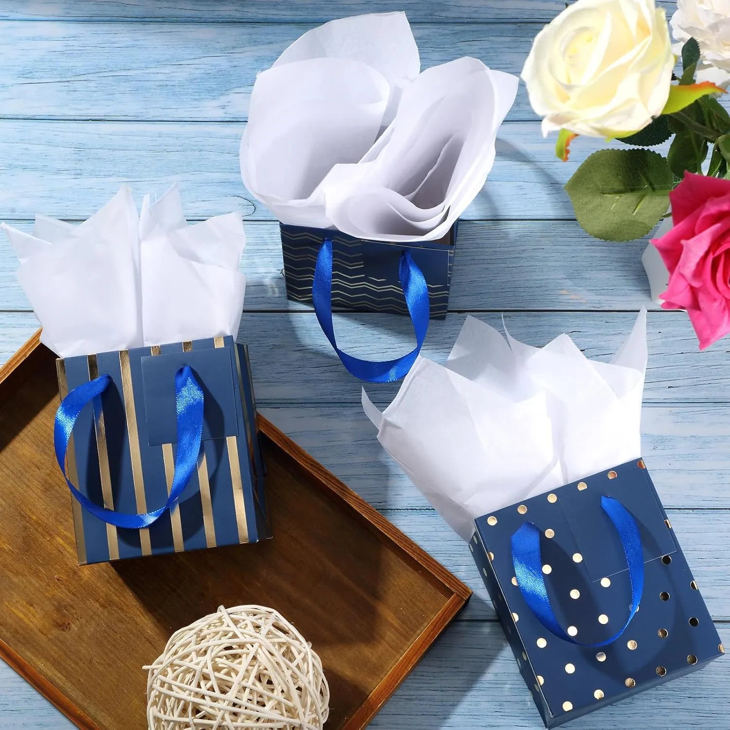 Tenare 24 Pcs Small Gift Bags with Handle Tissue Paper Tag Mini Metallic Paper Bag for Mother's Day Father's Day Graduation Summer Party Favor Supplies(Blue Gold,4x2.75x4.5 Inch)
