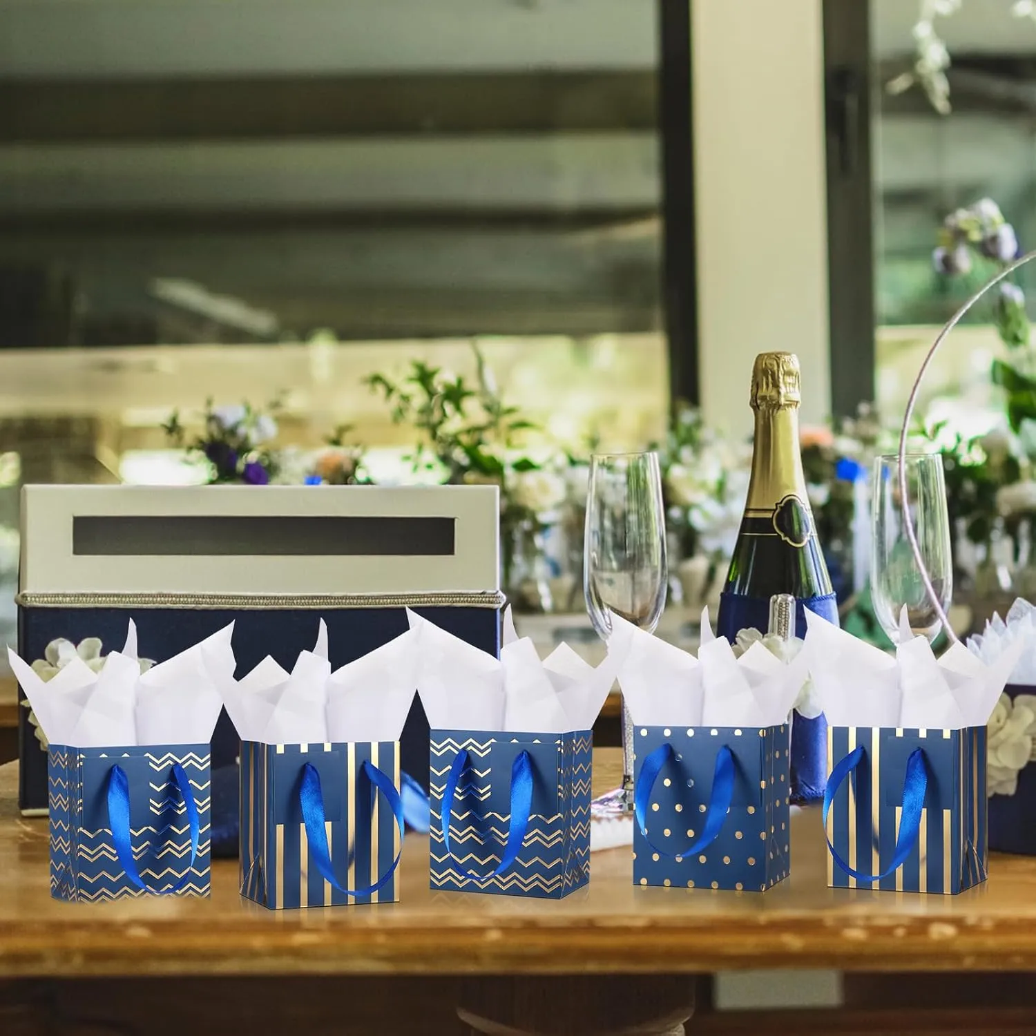Tenare 24 Pcs Small Gift Bags with Handle Tissue Paper Tag Mini Metallic Paper Bag for Mother's Day Father's Day Graduation Summer Party Favor Supplies(Blue Gold,4x2.75x4.5 Inch)