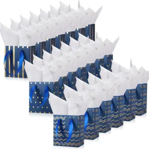 Tenare 24 Pcs Small Gift Bags with Handle Tissue Paper Tag Mini Metallic Paper Bag for Mother's Day Father's Day Graduation Summer Party Favor Supplies(Blue Gold,4x2.75x4.5 Inch)
