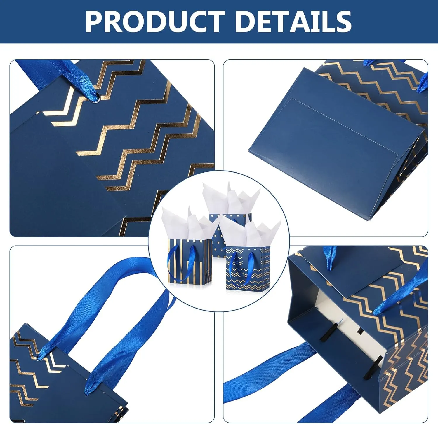 Tenare 24 Pcs Small Gift Bags with Handle Tissue Paper Tag Mini Metallic Paper Bag for Mother's Day Father's Day Graduation Summer Party Favor Supplies(Blue Gold,4x2.75x4.5 Inch)