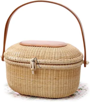 TengTian Nantucket Clutches & Evening Bags Basket Tote Bag Cane-on-cane weave oval basket,Lined with brocade fabric Beach Bags Beach Purse