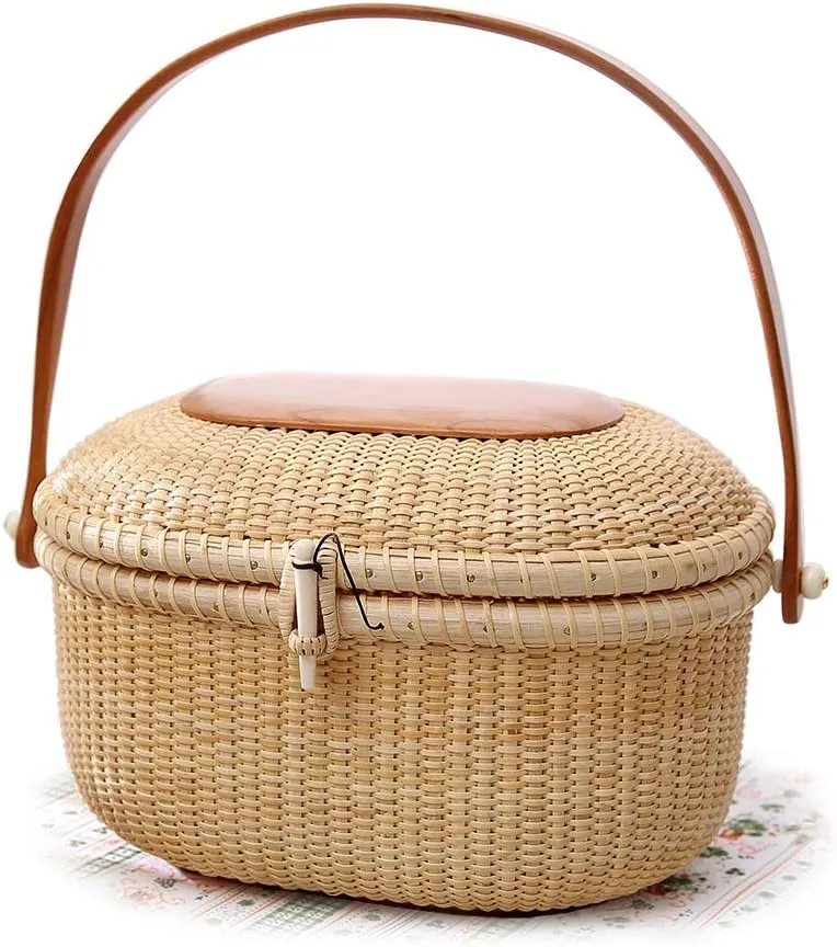 TengTian Nantucket Clutches & Evening Bags Basket Tote Bag Cane-on-cane weave oval basket,Lined with brocade fabric Beach Bags Beach Purse