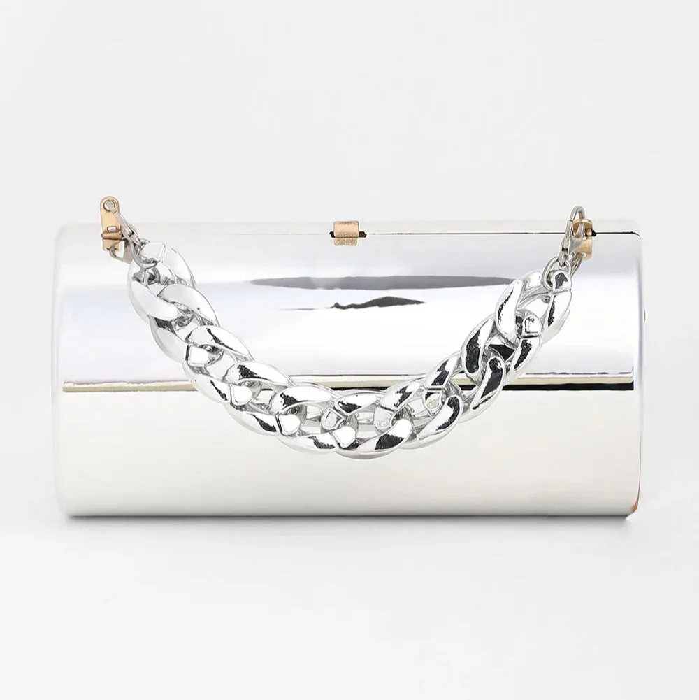 The Columner Clutch Bag – Metallic Silver – A Bold Statement of Modern Elegance