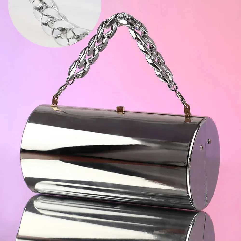 The Columner Clutch Bag – Metallic Silver – A Bold Statement of Modern Elegance
