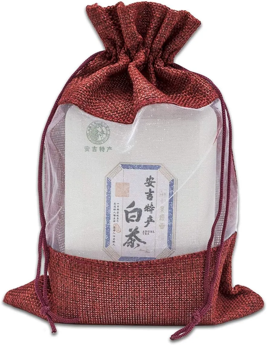 TheDisplayGuys - 12-Pack 6.5x8.5 Linen Burlap & Sheer Organza Gift Bag with Drawstring for Party Favors, Presents, Samples & Treats Mesh Pouch (Maroon, Large)