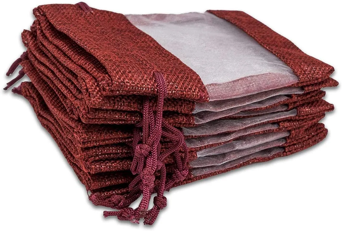 TheDisplayGuys - 12-Pack 6.5x8.5 Linen Burlap & Sheer Organza Gift Bag with Drawstring for Party Favors, Presents, Samples & Treats Mesh Pouch (Maroon, Large)