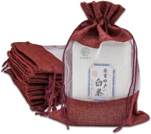 TheDisplayGuys - 12-Pack 6.5x8.5 Linen Burlap & Sheer Organza Gift Bag with Drawstring for Party Favors, Presents, Samples & Treats Mesh Pouch (Maroon, Large)