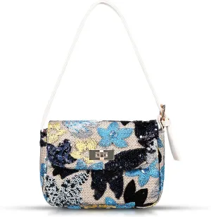 Tote Bag, Handbags for Women, Sequin Embroidery Beach Bag, Hand-Woven Straw Handbag, Bohemian Shoulder Bag, Underarm Bag Suitable for Vacation Travel Daily(Navy Blue Flowers)